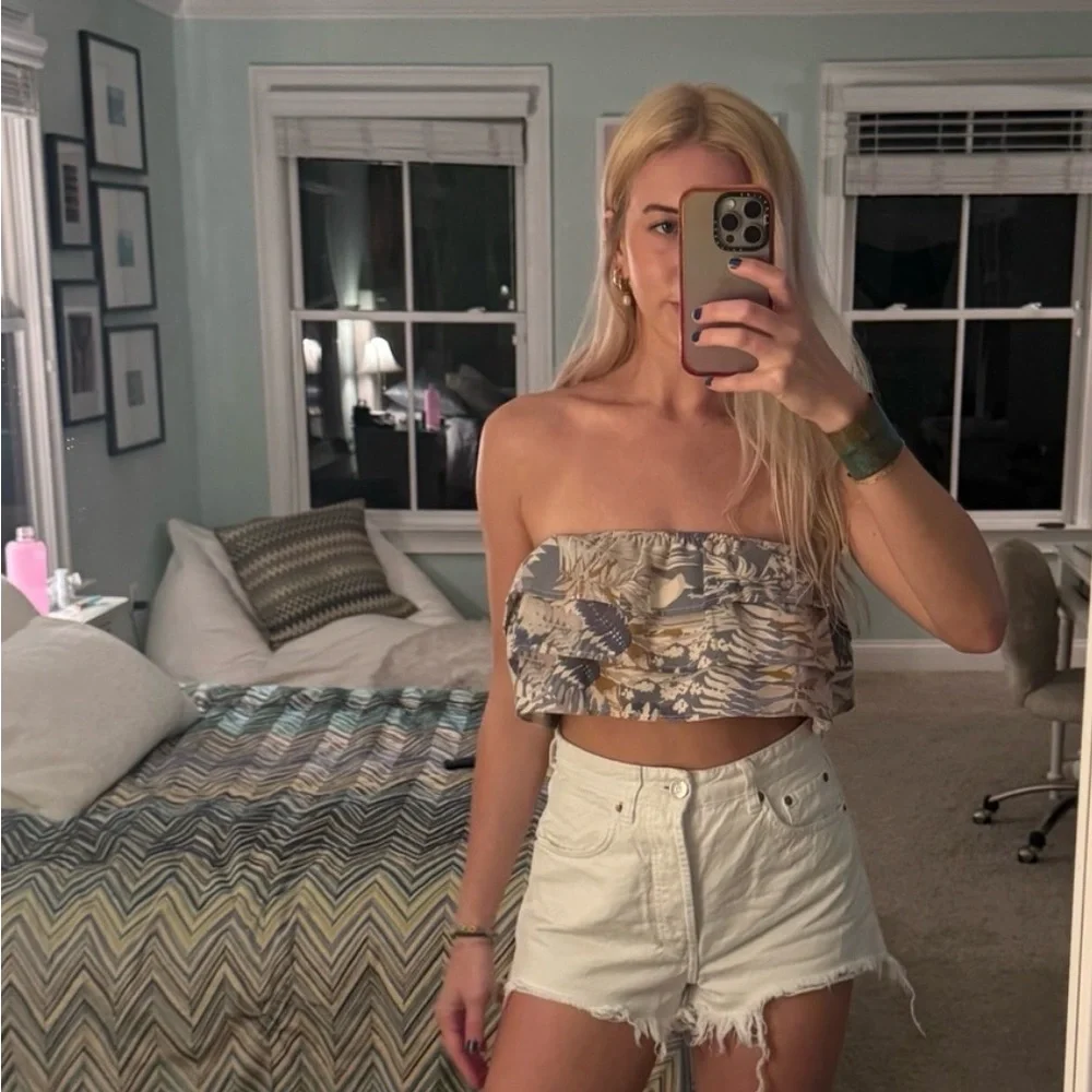 Blush Strapless Floral Crop Top in Beige and Blue - Picture 2 of 5